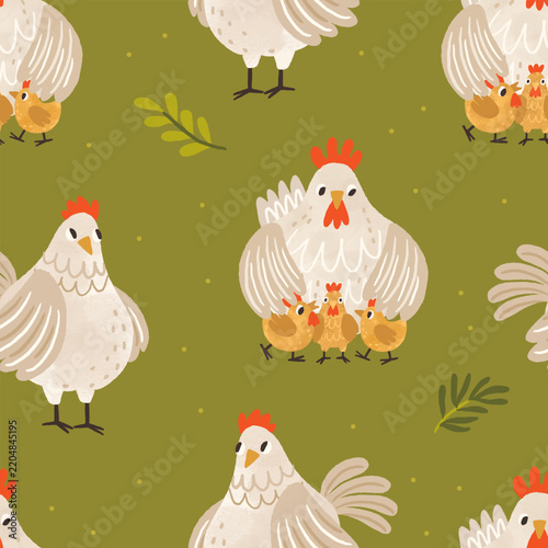 Hens and chicken, seamless farm pattern. Cute chicken pattern, farm birds, an...