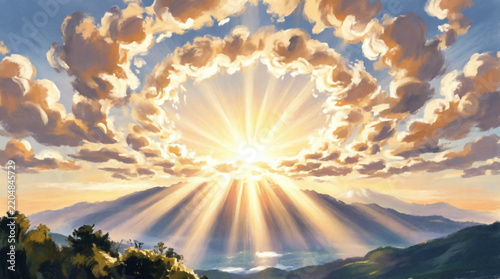 Radiant sunburst rays shine through wispy clouds over mountain peaks at golden sunrise.