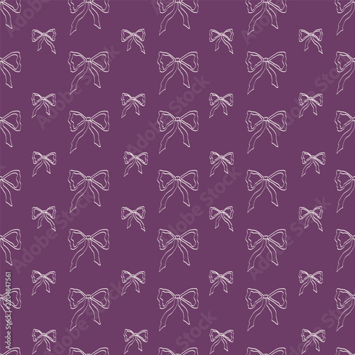 Seamless pattern with hand drawn vector ribbon bows on dark purple background. Coquette aesthetic line art background for fabric, paper, and stationery.