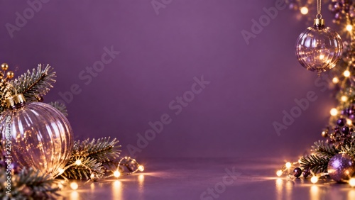 Decorative Arrangement of Purple Ornaments and Green Pine Branches for a Fest...