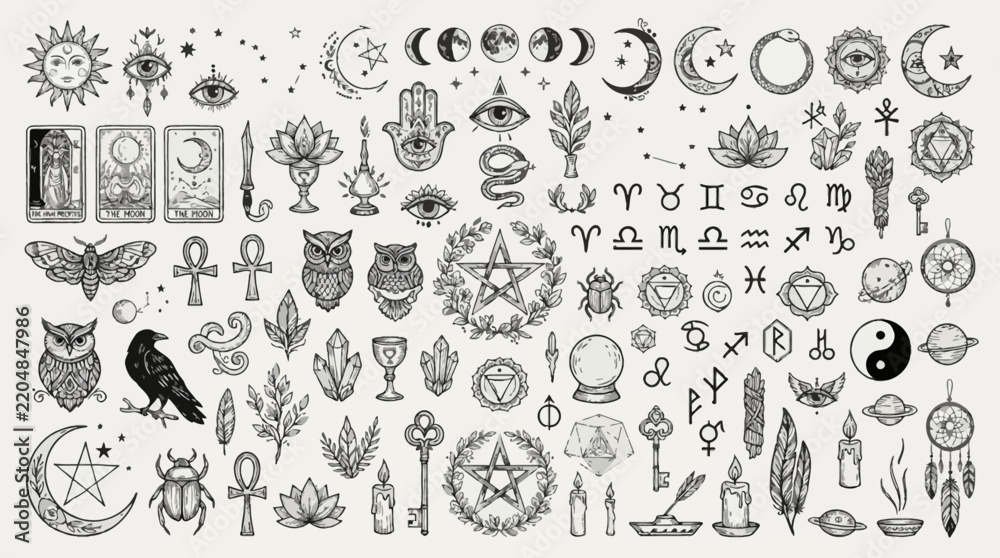 Obraz premium A comprehensive collection of mystical and esoteric symbols, including celestial bodies, animals, occult icons, and astrological signs, rendered in a vintage illustration style.