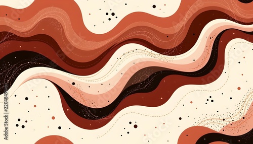 The image features an abstract design composed of flowing, wavy lines in various shades of brown, beige, and black