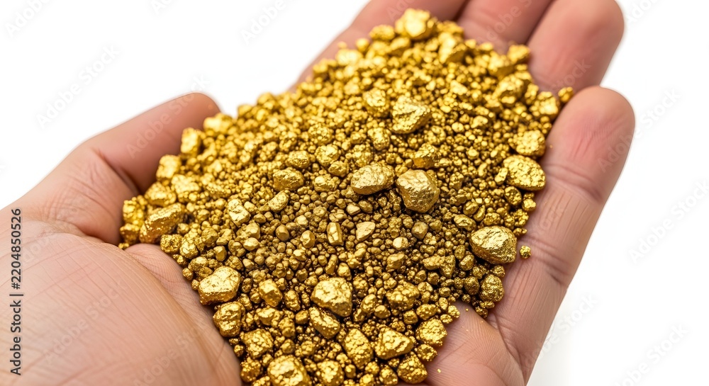 Fototapeta premium A person holds a generous pile of shiny gold nuggets in their hand