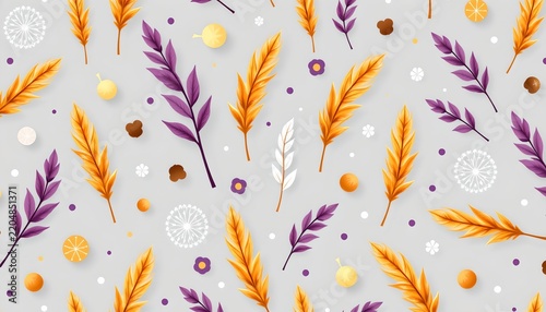 The image features a vibrant, patterned background composed of stylized plant elements and small decorative objects