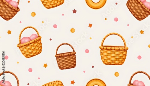 The image features a repeating pattern of woven baskets of various shapes and sizes, some filled with pink eggs, set against a light background