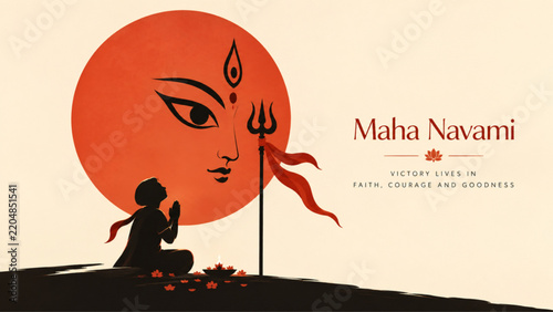 Maha Navami Festival Goddess Durga Worship Illustration with Devotee and Trident