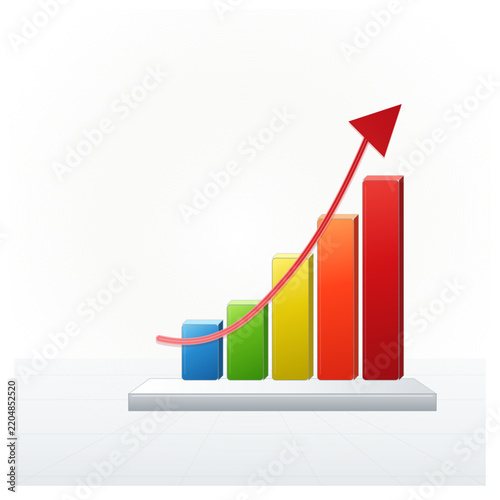 colorful bar graph with red ascending arrow indicating financial growth and market progress.