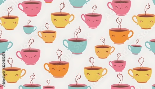 The image features a repeating pattern of colorful teacups and coffee cups with smiling faces, set against a white background