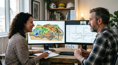 Engineers collaborating on geological mining model using dual computer screens
