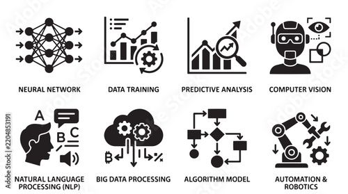 Artificial Intelligence and Machine Learning Black Icon Set