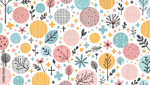The image features a repeating pattern composed of various circles, leaves, flowers, and abstract shapes in pastel colors such as pink, yellow, blue, and black
