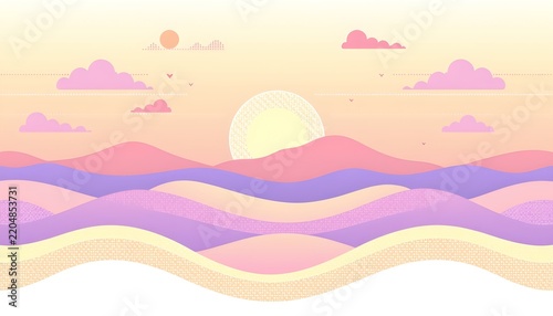 The image depicts a serene landscape with a stylized sunset or sunrise over rolling hills and waves