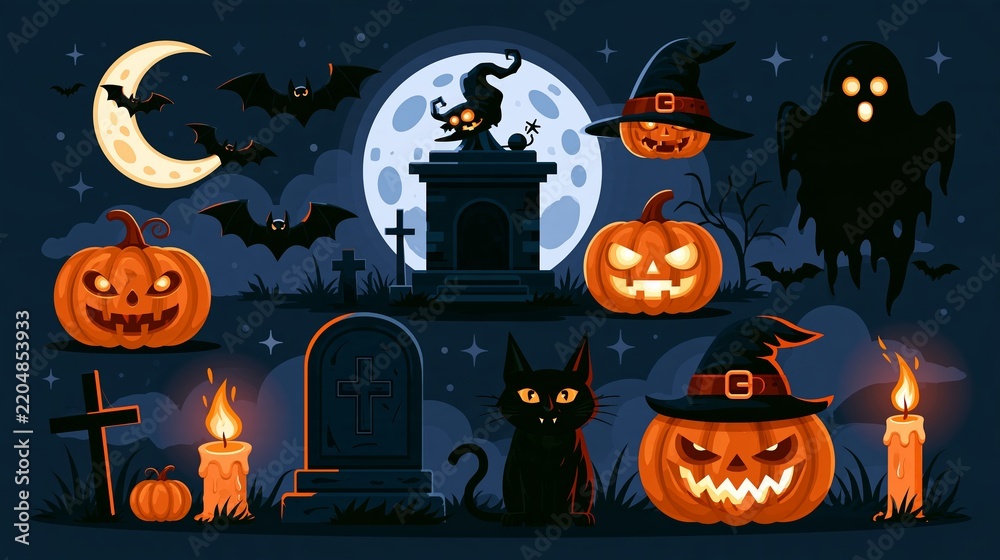 Fototapeta premium Set of Halloween Icons for Banners, Cards, and Social Media Wallpapers Featuring Pumpkins, Ghosts, and Bats