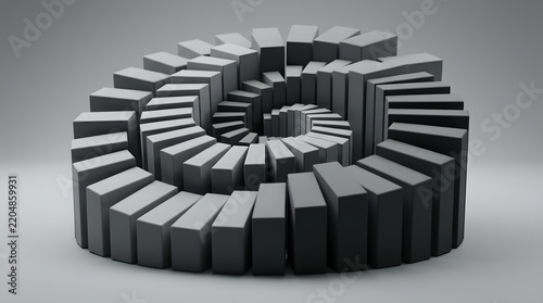 A spiral staircase made of many grey stone blocks arranged in a circular shape for an architectural design concept