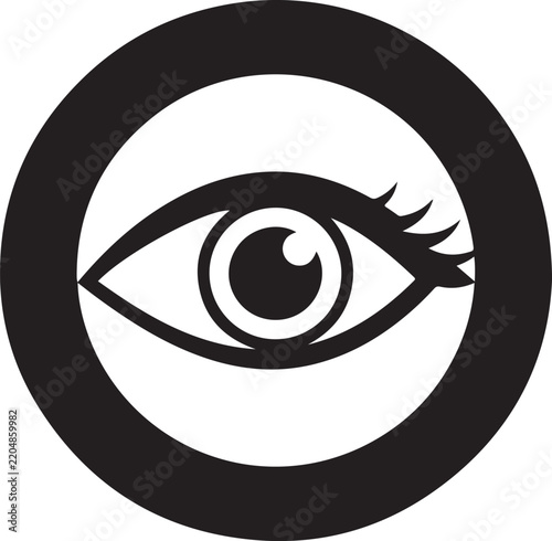 Stylized black and white vector illustration of an open eye symbol enclosed within a perfect circle, representing concepts of vision, awareness, security, and perception
