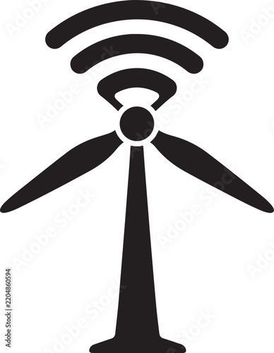 Abstract icon of a wind turbine emitting wireless network signals, representing the convergence of clean renewable energy technology and modern digital communication connectivity