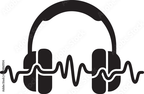 Sleek graphic of headphones integrated with a vibrant audio equalizer wave, symbolizing deep listening, musical enjoyment, and the world of sound entertainment and digital media experiences