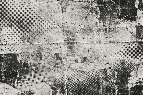 Grunge vintage paper texture with halftone dots and distressed scratches for retro editorial backgrounds, monochrome black white gray surface overlay