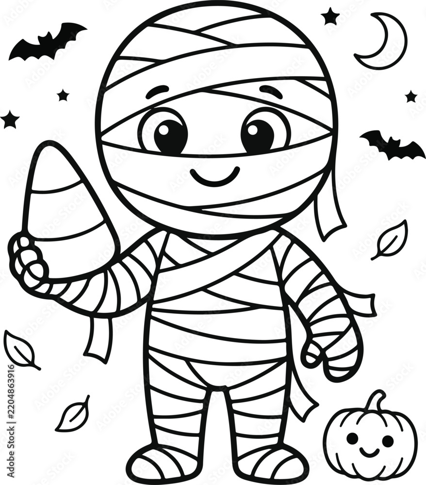 Fototapeta premium Cute cartoon mummy character holding a candy corn for halloween coloring page for kids