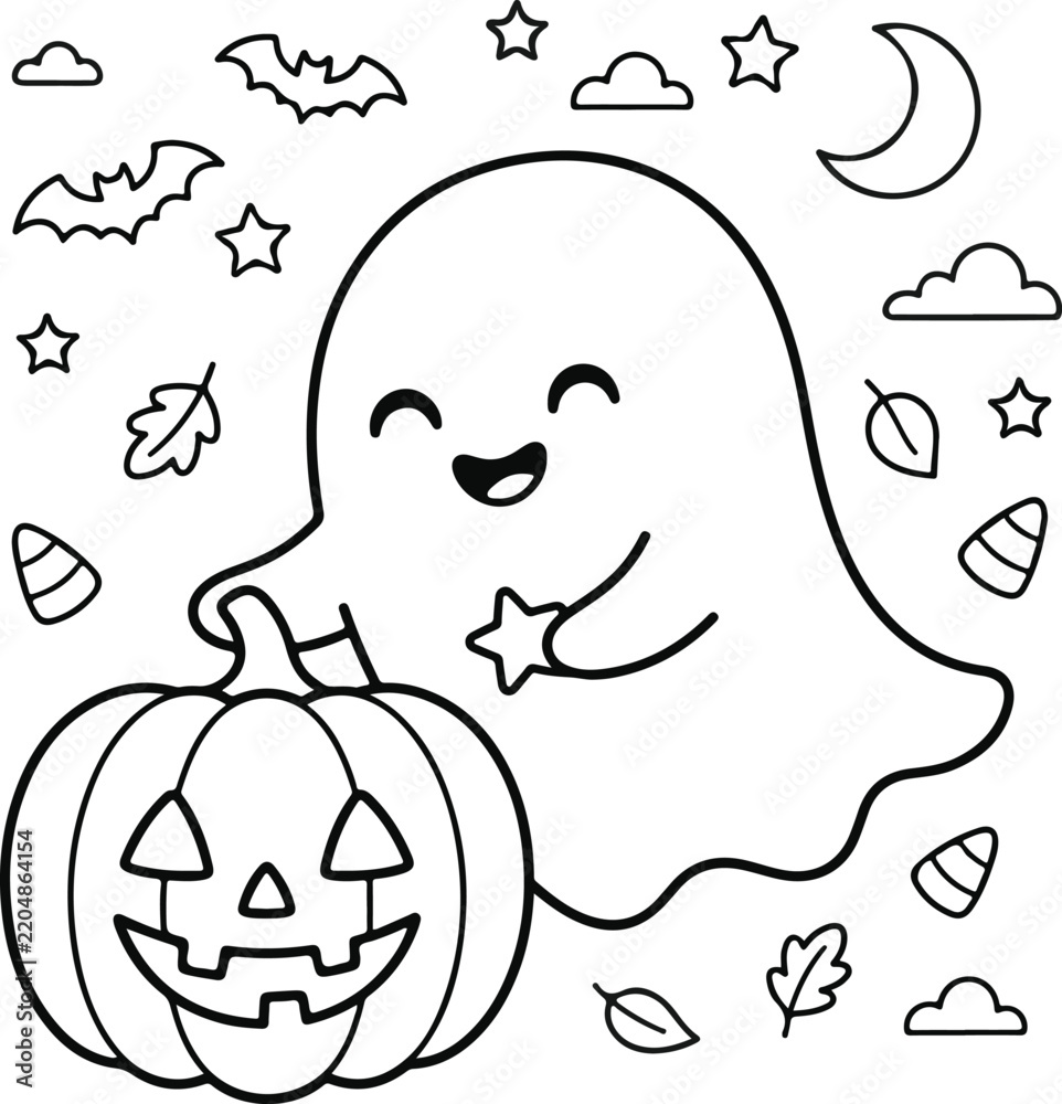 Fototapeta premium Cute ghost holding a star next to a large jackolantern pumpkin, halloween coloring page for kids