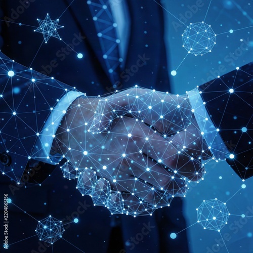 Futuristic handshake with digital network glow representing collaboration and innovation
