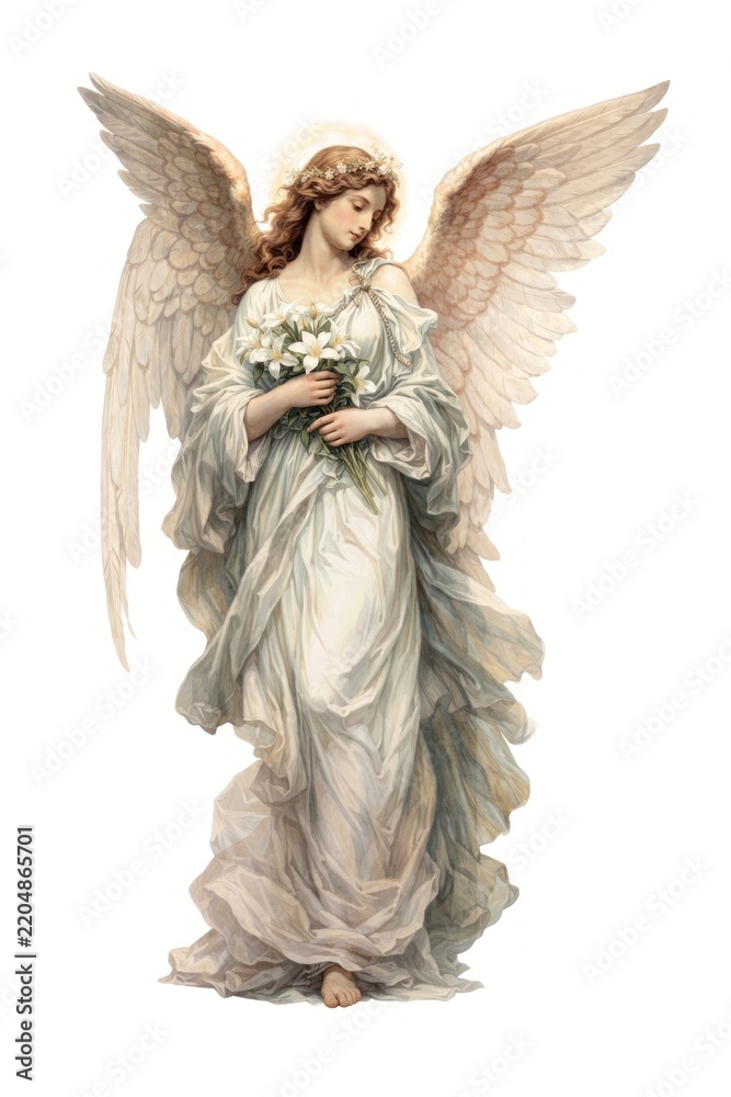 Fototapeta premium Serene angel holding white flowers.
