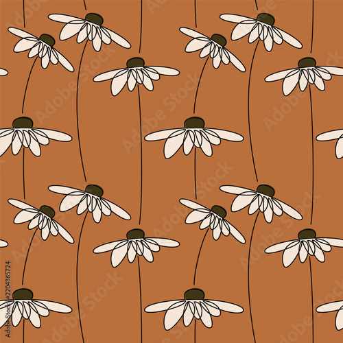 White camomile flowers seamless pattern vector. Hand drawn monoline floral illustration. Terracotta color botanical background. Linear wallpaper, fabric, textile, cartoon wrapping paper print.