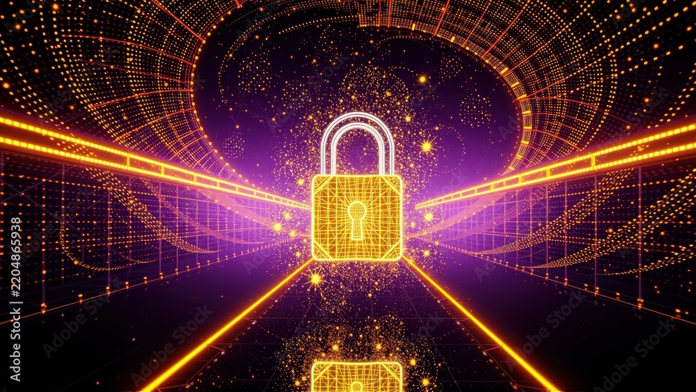 Fototapeta premium Bright digital lock floats within glowing tunnel. Data streams converge, creating futuristic security concept. Vibrant colors dominate scene.