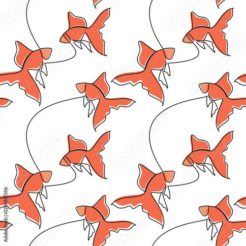 Hand drawn fish vector seamless pattern. Goldfish abstract illustration. Outline aqua backdrop. Line continuous drawing,  wallpaper, cartoon background, fabric, textile print.