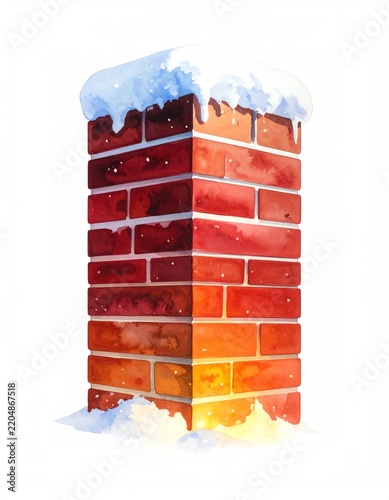 Watercolor Painting of a Snow-Covered Brick Chimney with Warm Light