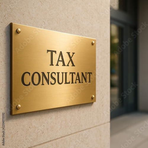Gold tax consultant plaque fixed beside a recessed office entrance