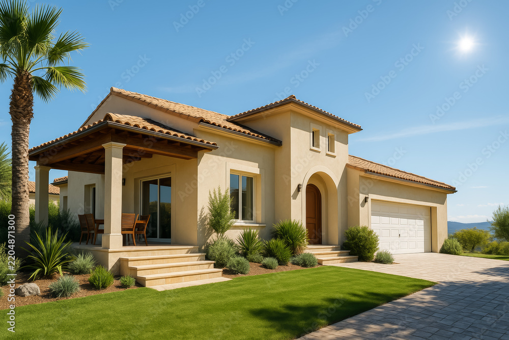 Obraz premium Mediterranean style house with a palm tree and green lawn
