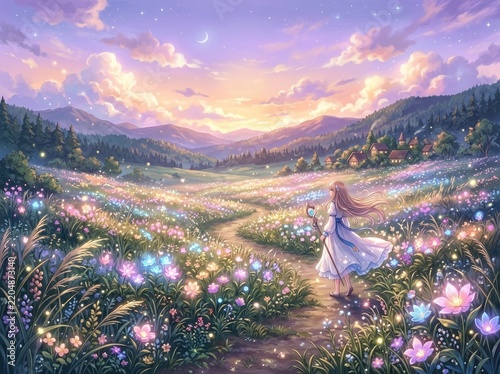 Moonlit Mountain Village Landscape