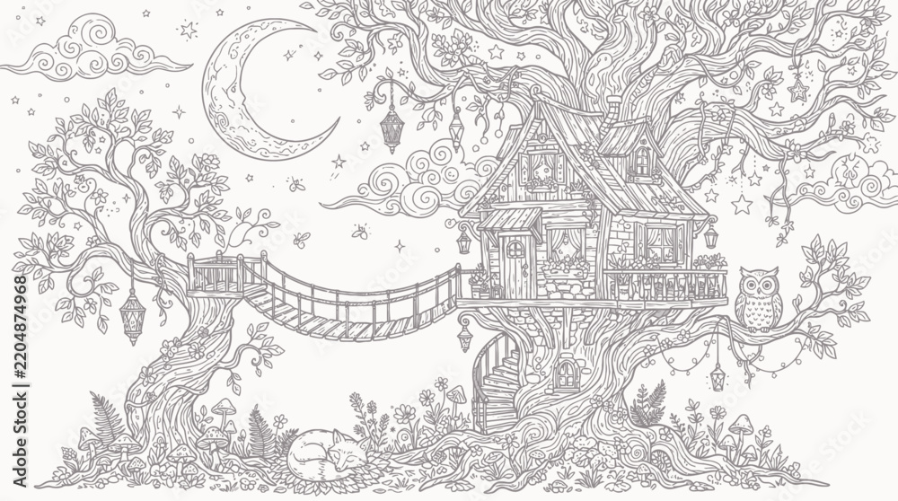 Fototapeta premium Enchanted treehouse coloring page with a crescent moon stars owl and a sleeping fox in the forest