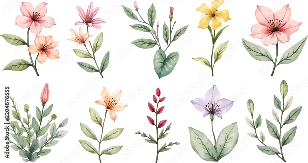 Obraz premium Assorted watercolor flowers in pastel tones with delicate botanical illustrations.