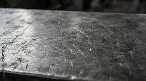 Scratched metal workbench surface industrial manufacturing