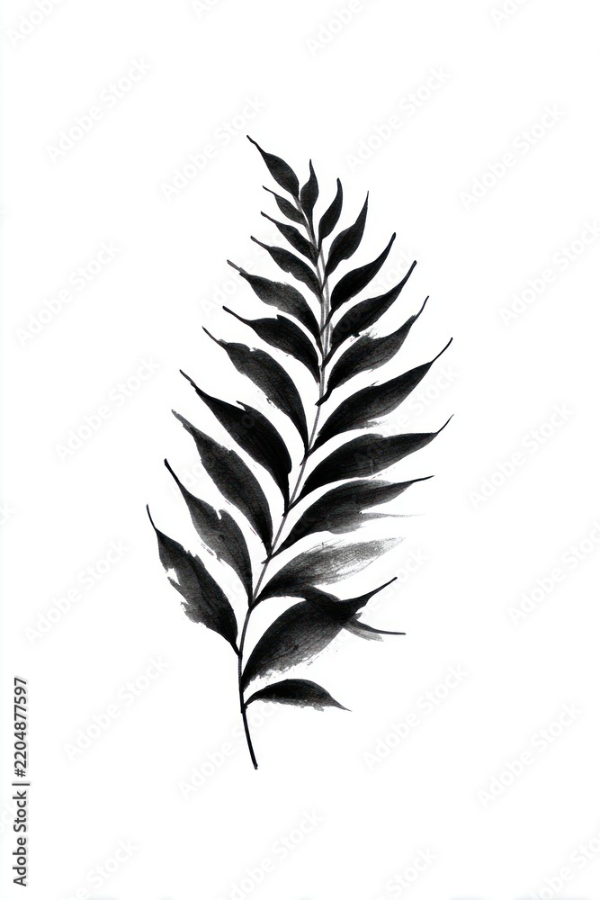 Naklejka premium Monochrome watercolor painting of a fern leaf on a white background.