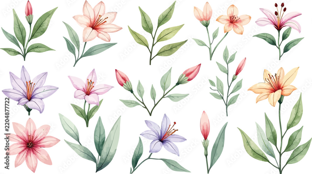 Fototapeta premium Watercolor Floral Pattern with Delicate Leaves and Blossoms in Soft Pastel Tones.
