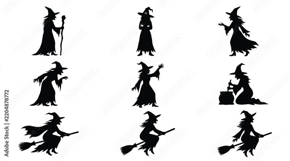 Fototapeta premium Halloween vector illustration featuring black silhouettes of spooky witches with pointed hats and broomsticks in various poses for holiday graphic design projects and decorations