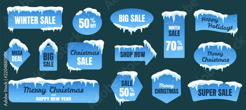 Winter sale badges and Christmas discount labels with snowy ice frames, snow caps, frozen blue banner, holiday promotion tags, merry Christmas and happy new year vector stickers for seasonal shopping
