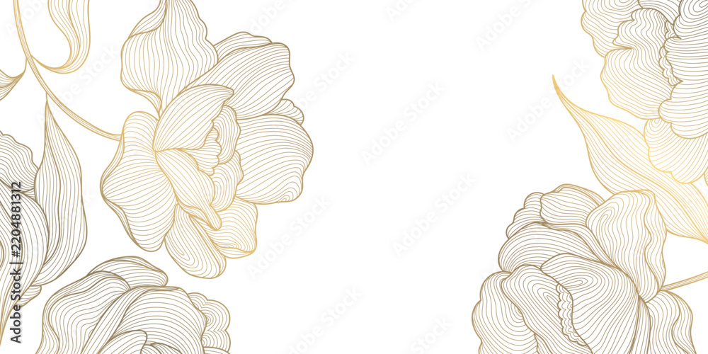 Obraz premium Elegant luxury floral pattern, corners with golden line peony flowers, leaves, botanical elements in Chinese style. Wedding cards, bloom border, Japanese frame, invitation, wallpaper.