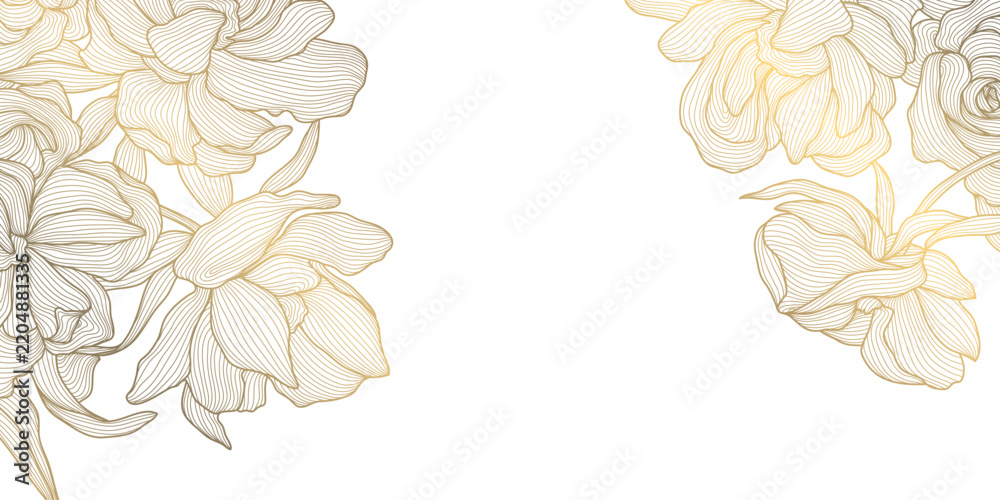 Naklejka premium Elegant luxury floral pattern, corners with golden line peony flowers, leaves, botanical elements in Chinese style. Wedding cards, bloom border, Japanese frame, invitation, wallpaper.