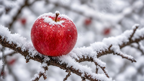 A red apple rests on a snowy branch, dusted with frost. Winter's beauty captures the fruit.
