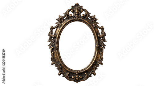 An ornate vintage oval mirror frame with intricate carvings and elegant gold detailing presented as an isolated object on a transparent background isolated on transparent background
