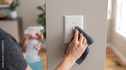A person's hand cleaning a white light switch plate on a beige wall with a dark cloth, holding a spray bottle in the background.