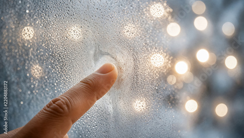 A finger touches a wet windowpane, illuminated by blurred, warm lights behind. Raindrops create a shimmering effect.