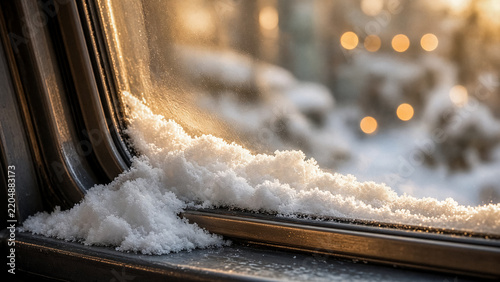 Snow thickly covers a car window frame, reflecting warm lights from a winter scene.