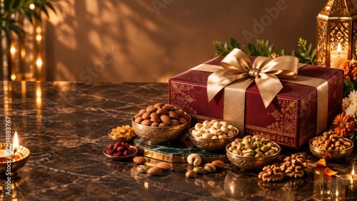 A festive gift box with a golden ribbon, surrounded by bowls of assorted nuts on a dark marble table