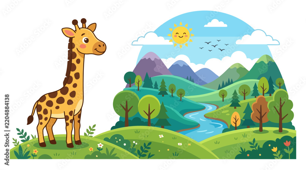 Obraz premium Cute cartoon giraffe watching the nature landscape