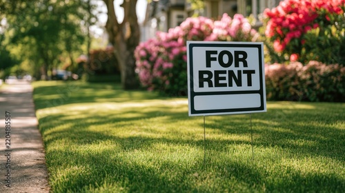Real estate for rent sign on grassy lawn